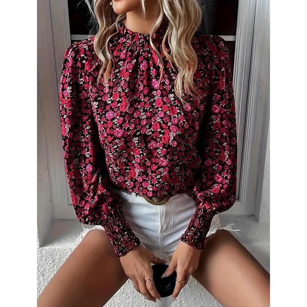 #126 Elegant Floral Blouse in Red by [Brand]